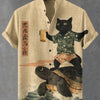 Men's summer street style short sleeved shirt paired with 3D printed linen cardigan, fashionable stand up collar breathable top