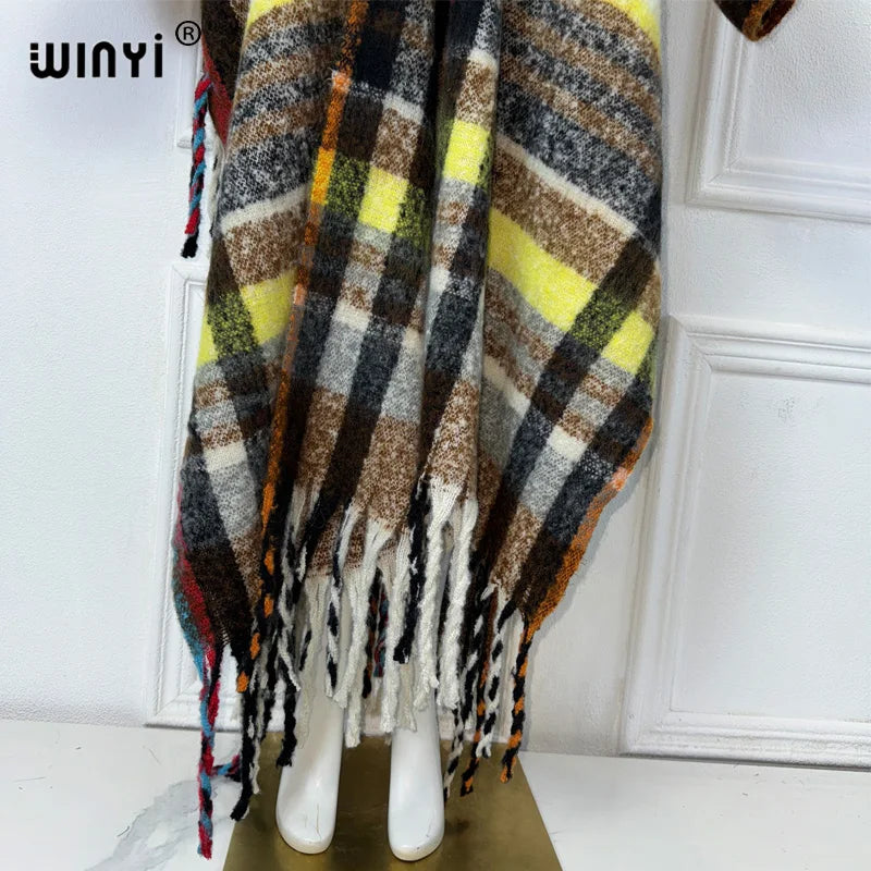 WINYI Winter African cardigan Classic plaid print abaya outfits for women Fringed coat Open Front Kimono long down party dress