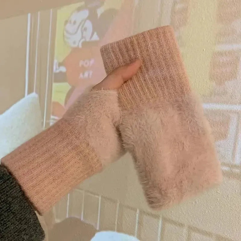 Autumn Winter Soft Mink Fleece Half Finger Gloves Women Plush Knitted Fingerless Gloves Wrist Mittens Driving Writting Gloves