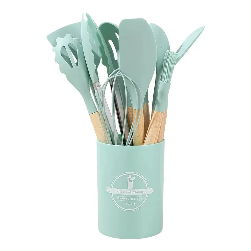 12PCS Silicone Kitchenware Non-Stick Cookware Kitchen Utensils Set Spatula Shovel Egg Beaters Wooden Handle Cooking Tool Set