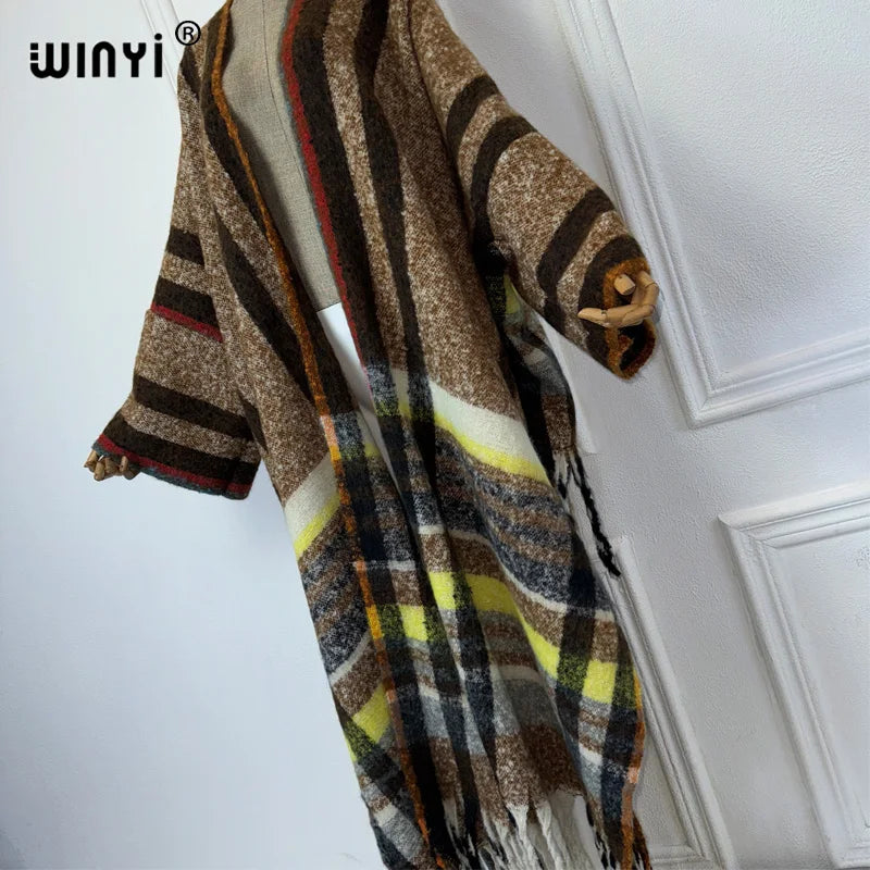 WINYI Winter African cardigan Classic plaid print abaya outfits for women Fringed coat Open Front Kimono long down party dress