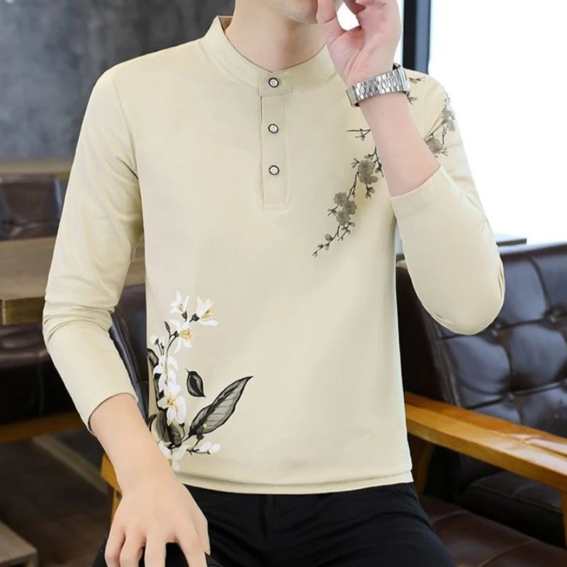 Men's Premium Cotton Slim Fit Long Sleeve Polo Shirt Spring Autumn Fashion Casual Trendy Basic Top for Daily Wear
