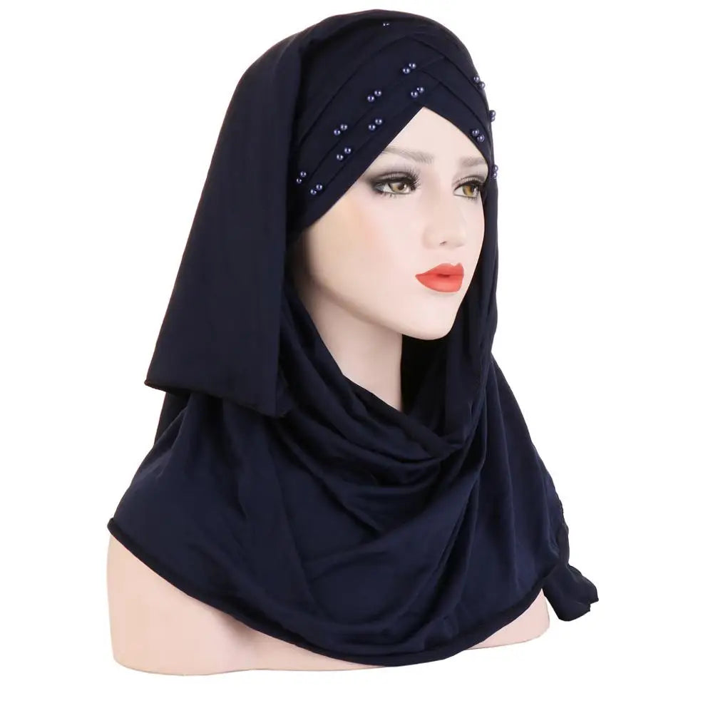 2019 Muslim Cotton Scarf Plain Hijabs With Bead Shawls And Wraps Femme Musulman Hijab Ready To Wear Turban Women Head Scarves