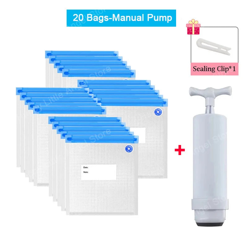 Reusable vacuum food storage bag zipper bag set USB electric pump vacuum sealing bag and manual pump vacuum bag