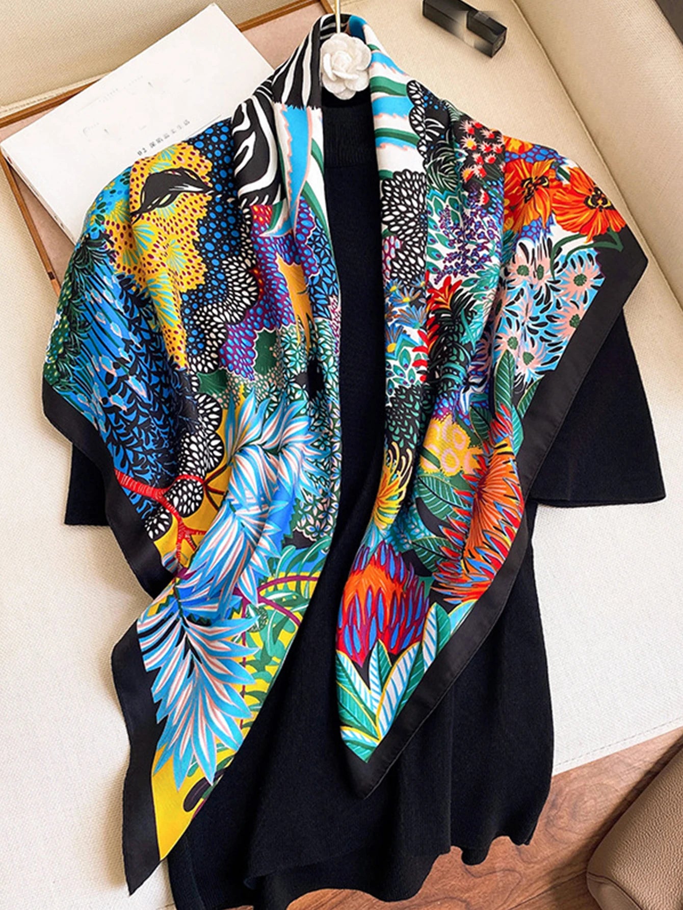 Luxury Brand Square Silk Scarf Women Satin Print Hijab