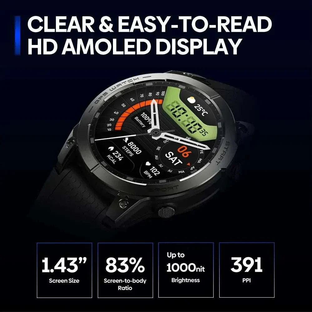 Zeblaze Stratos 3 Pro GPS smartwatch with 1.43-inch HD AMOLED display and Bluetooth phone call feature for men
