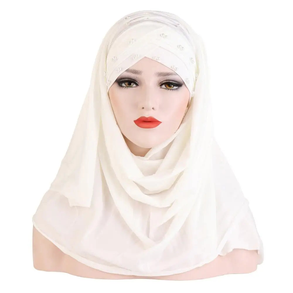 2019 Muslim Cotton Scarf Plain Hijabs With Bead Shawls And Wraps Femme Musulman Hijab Ready To Wear Turban Women Head Scarves