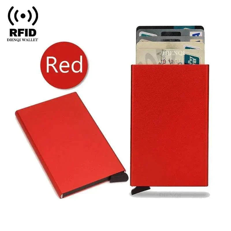 Slim black RFID credit card holder metal wallet with pop-up feature for men and women