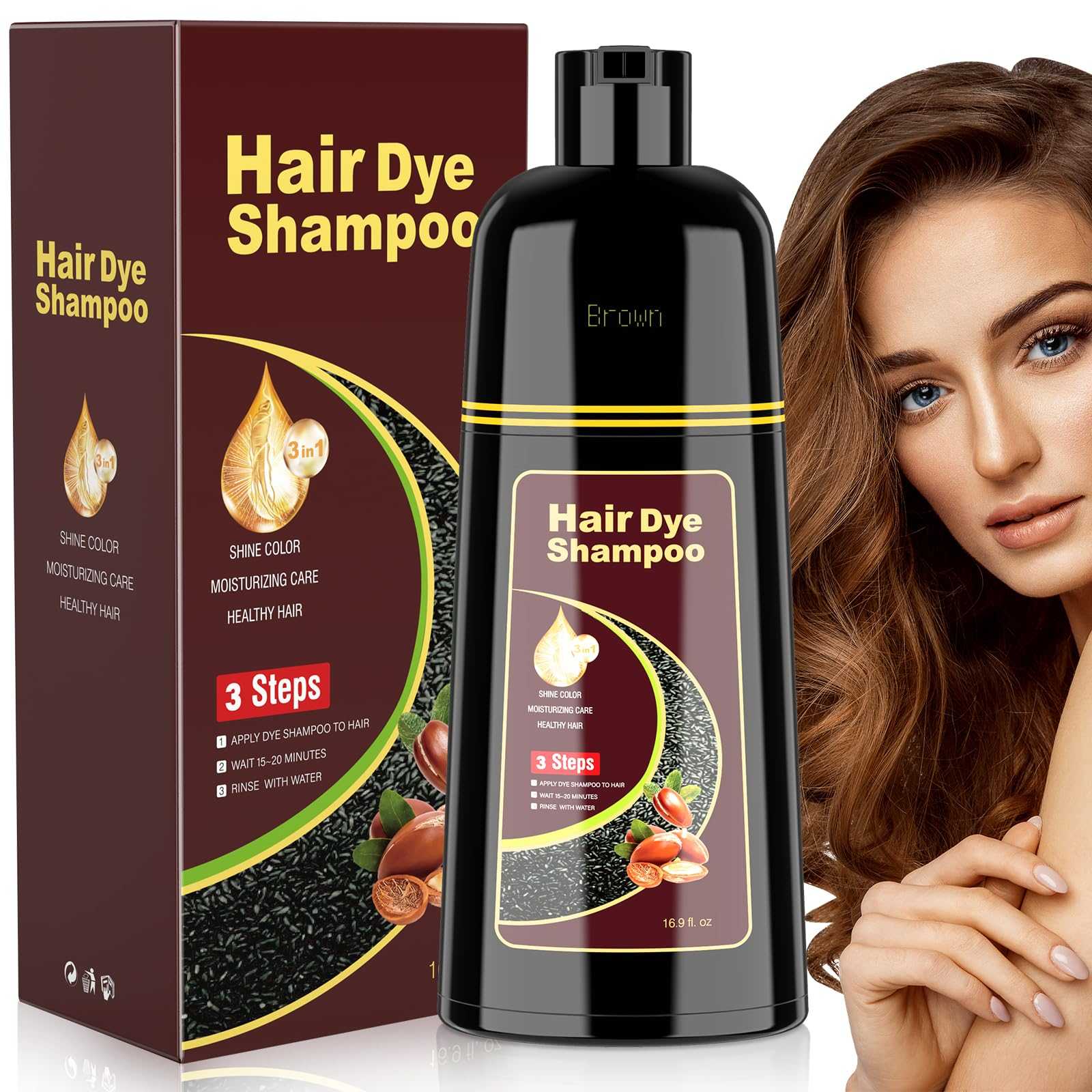 JIESSIA Herbal Brown Hair Color Shampoo 16.9oz bottle for gray hair coverage with natural herbal extracts