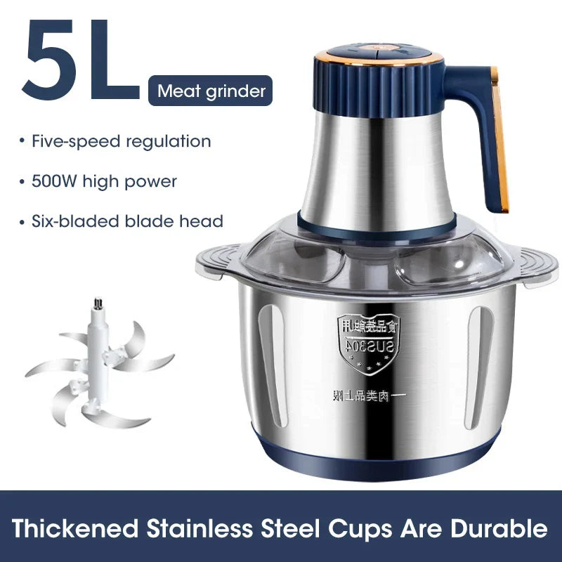 5L electric meat grinder with 304 stainless steel body and five-speed settings