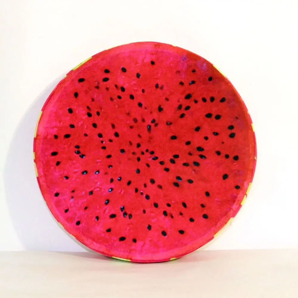 Round chair cushions with colorful fruit designs for comfortable indoor and outdoor seating
