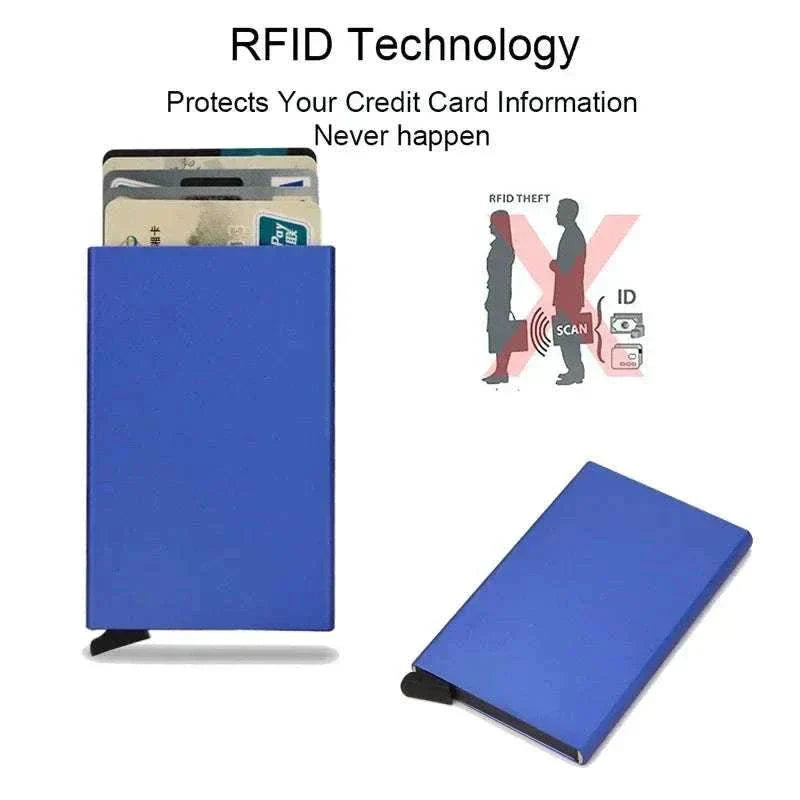 Slim black metal RFID credit card holder wallet with pop-up feature for men and women