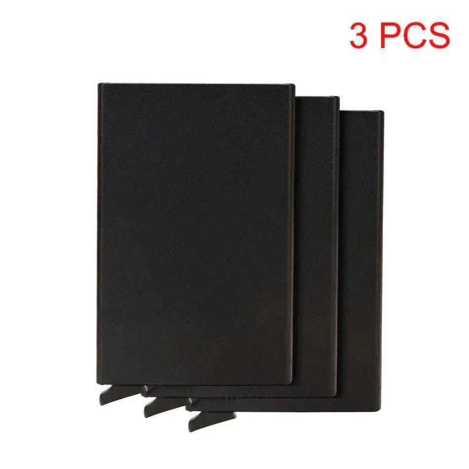 Slim black metal RFID credit card holder wallet with pop-up feature for men and women