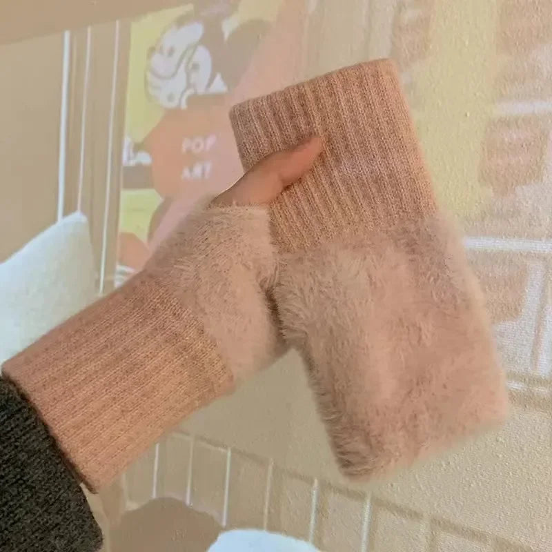 Autumn Winter Soft Mink Fleece Half Finger Gloves Women Plush Knitted Fingerless Gloves Wrist Mittens Driving Writting Gloves