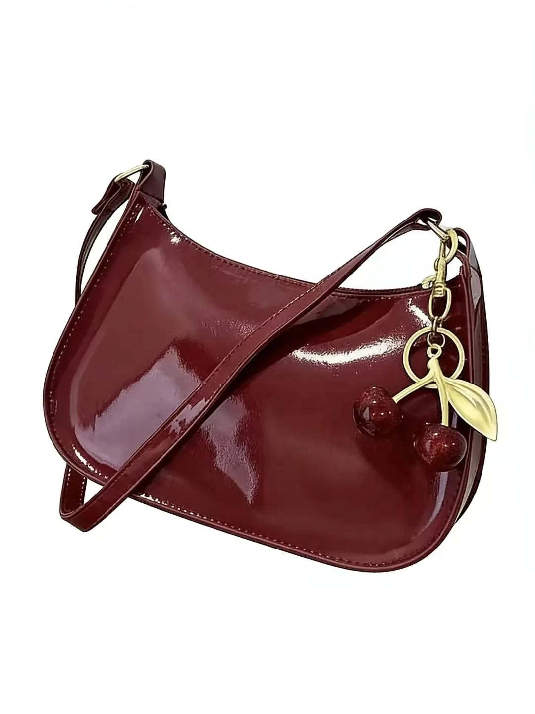 Black women's PU leather handbag with cherry pendant and casual shoulder strap