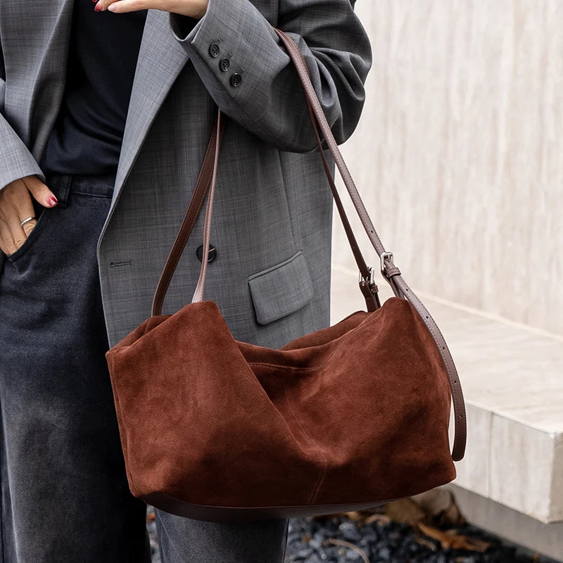 Women's Suede Cow Genuine Leather Shoulder Bags Ladies Soft Cowhide Crossbody Bag Female Design Luxury Lazy Commuting Handbag