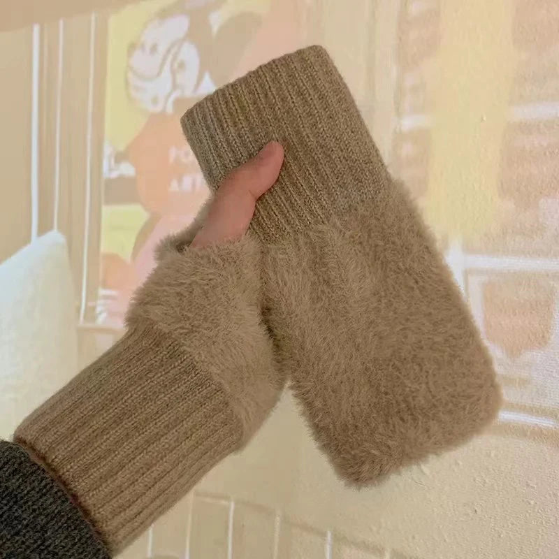 Autumn Winter Soft Mink Fleece Half Finger Gloves Women Plush Knitted Fingerless Gloves Wrist Mittens Driving Writting Gloves