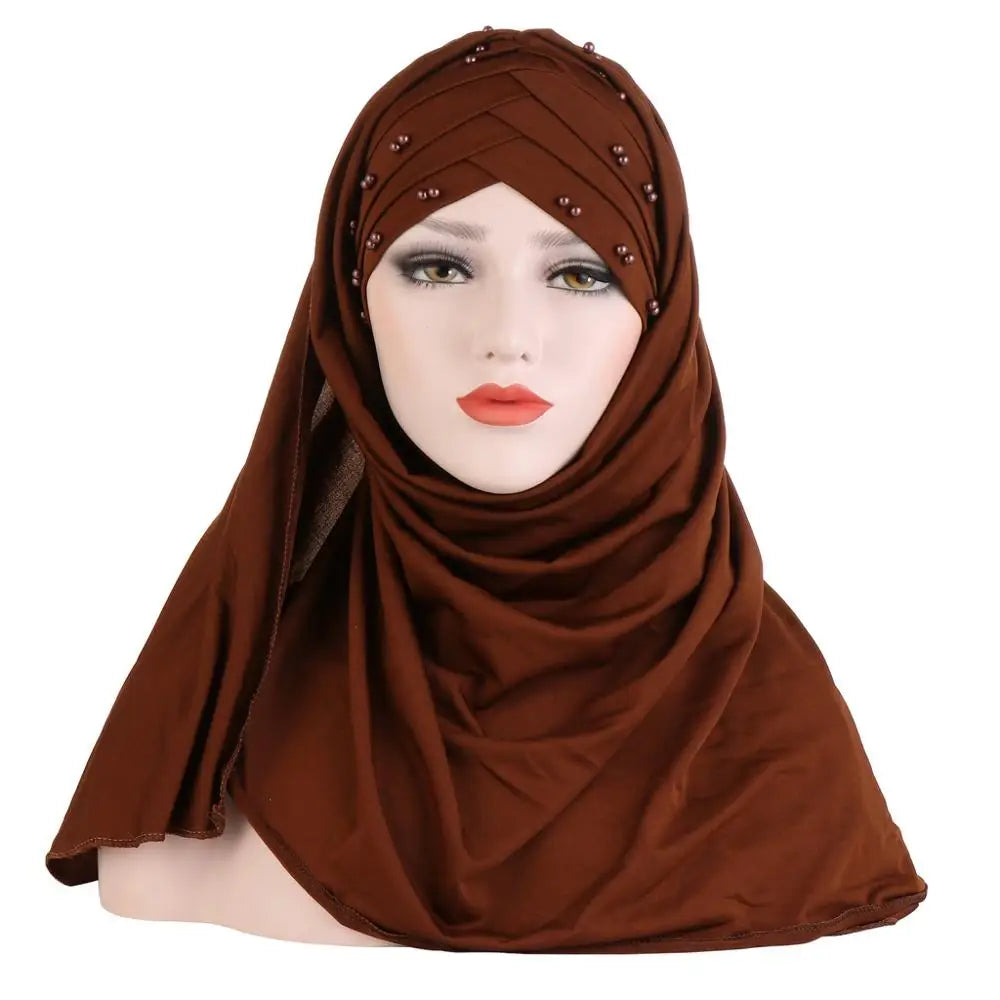 2019 Muslim Cotton Scarf Plain Hijabs With Bead Shawls And Wraps Femme Musulman Hijab Ready To Wear Turban Women Head Scarves