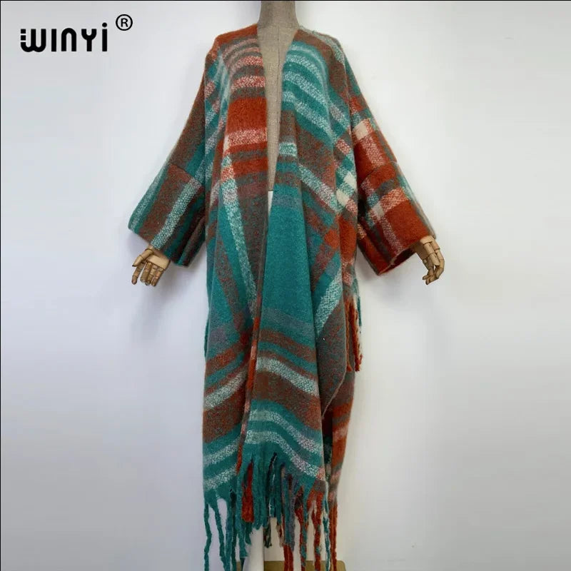 WINYI Winter African cardigan Classic plaid print abaya outfits for women Fringed coat Open Front Kimono long down party dress