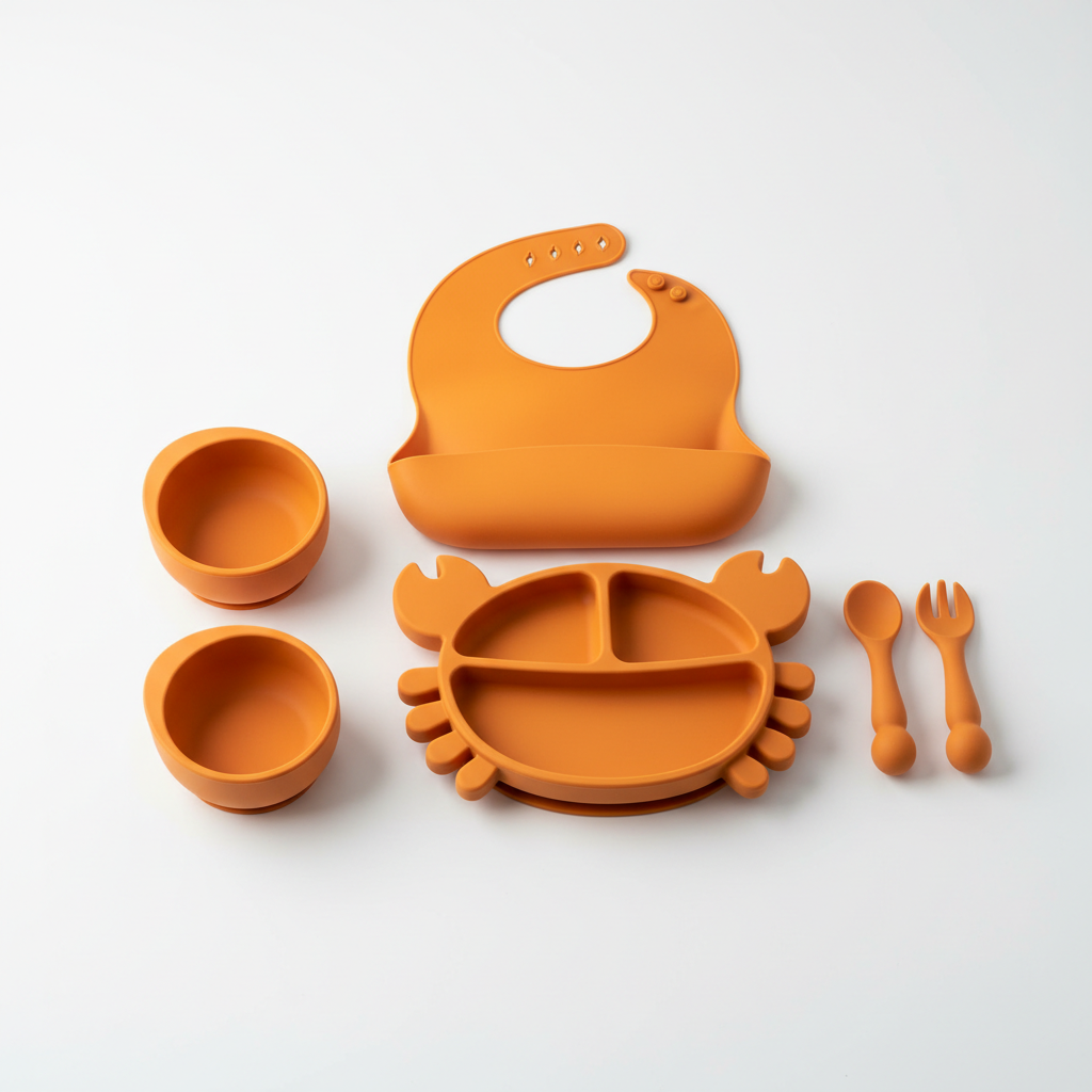 Silicone baby feeding set with suction plate, bowls, spoon, fork, and bib, BPA free and personalized options