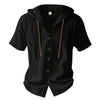 Cotton Linen Shirt for Men Hooded Short Sleeve Solid Color Breathable Lightweight Drawstring Design Shirts Casual Basic Tees