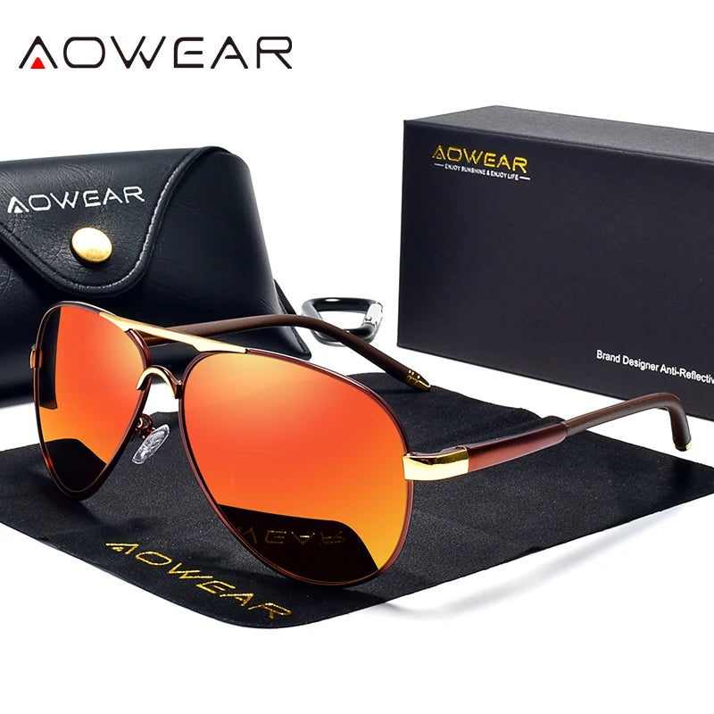 AOWEAR Men's Aviation Sunglasses Men Polarized Mirror Sunglass for Man HD Driving Pilot Sun Glasses lunettes de soleil homme