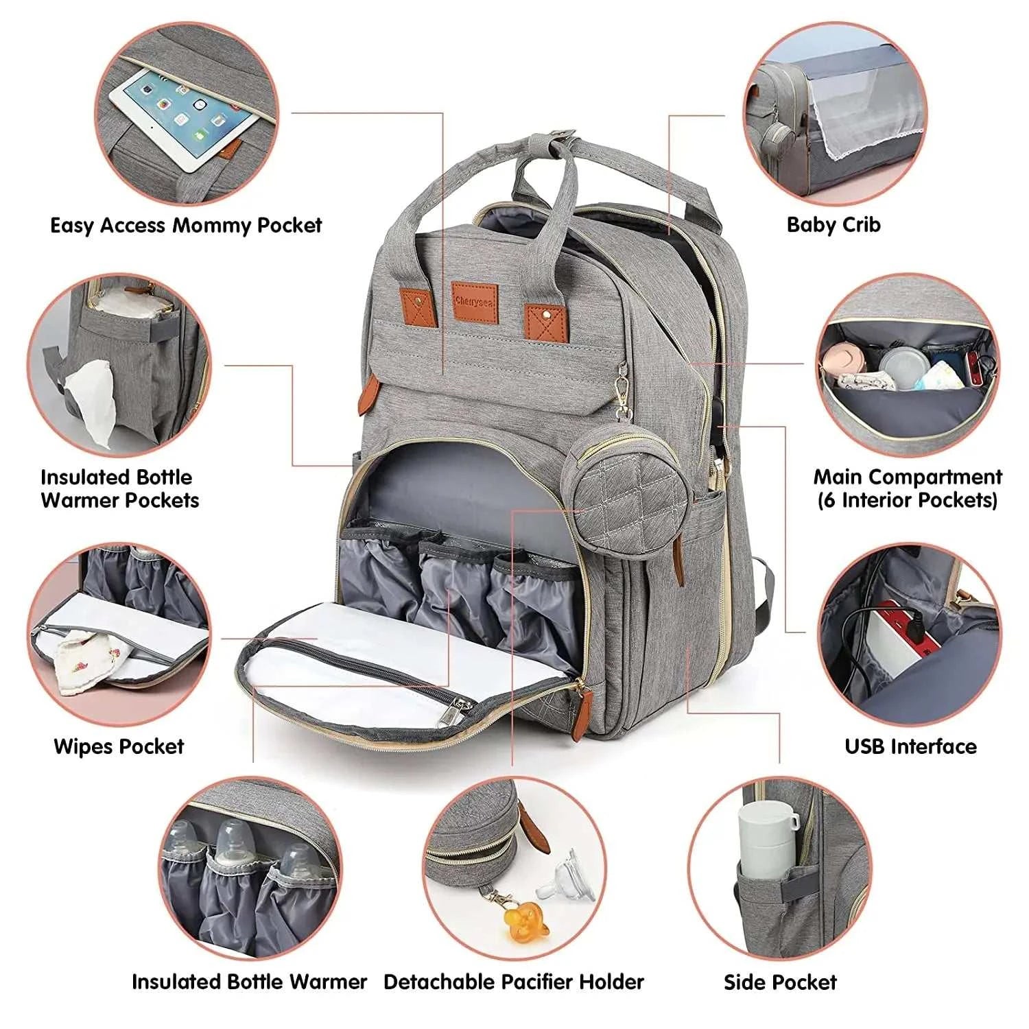 3 In 1 Diaper Bag Backpack with foldable baby bed, waterproof design, and USB charging port.