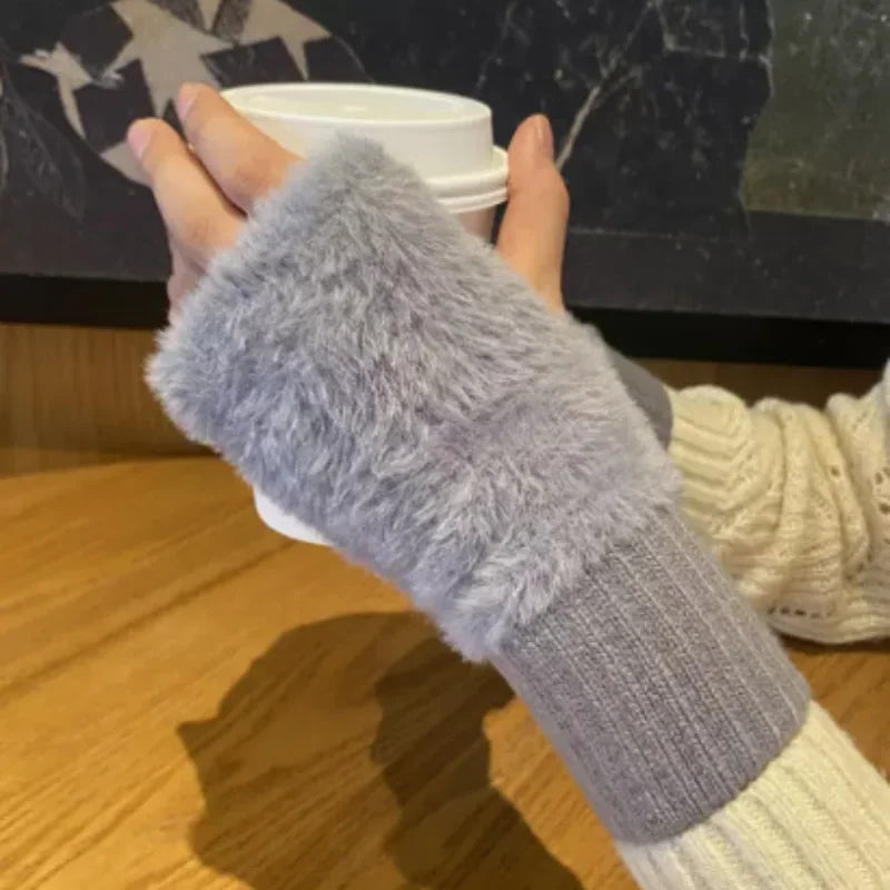 Autumn Winter Soft Mink Fleece Half Finger Gloves Women Plush Knitted Fingerless Gloves Wrist Mittens Driving Writting Gloves