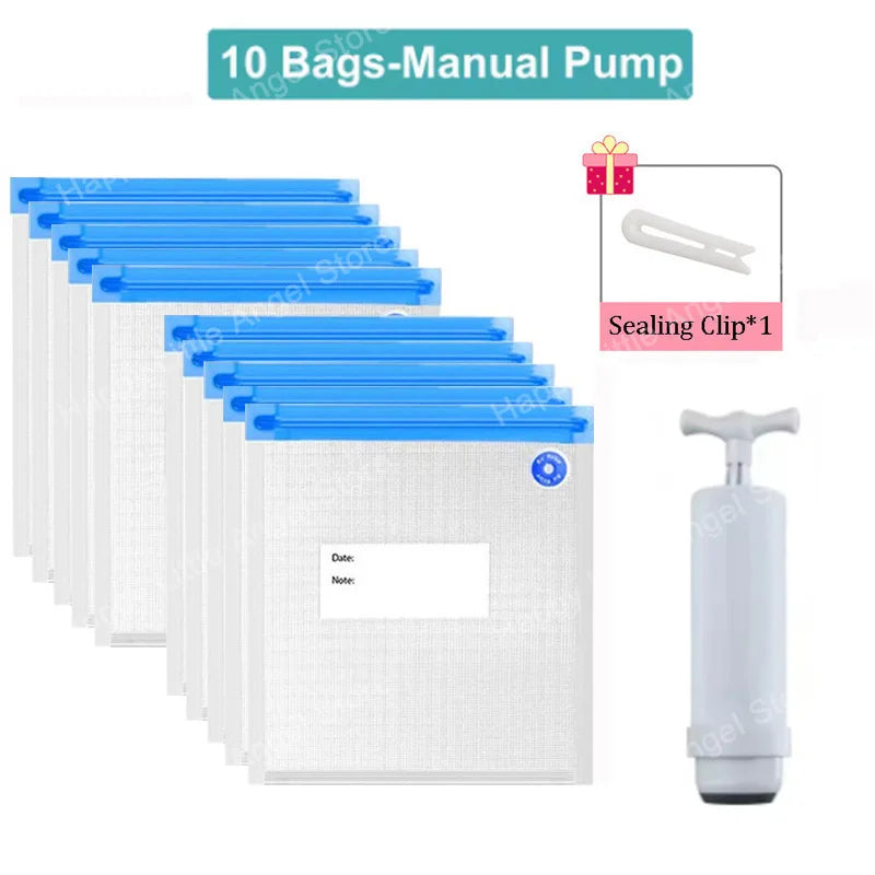 Reusable vacuum food storage bags with zipper, USB electric pump, and manual pump for food preservation