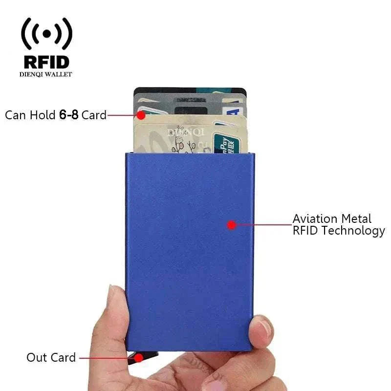 Slim black metal RFID credit card holder wallet with pop-up feature and minimalist design for men and women
