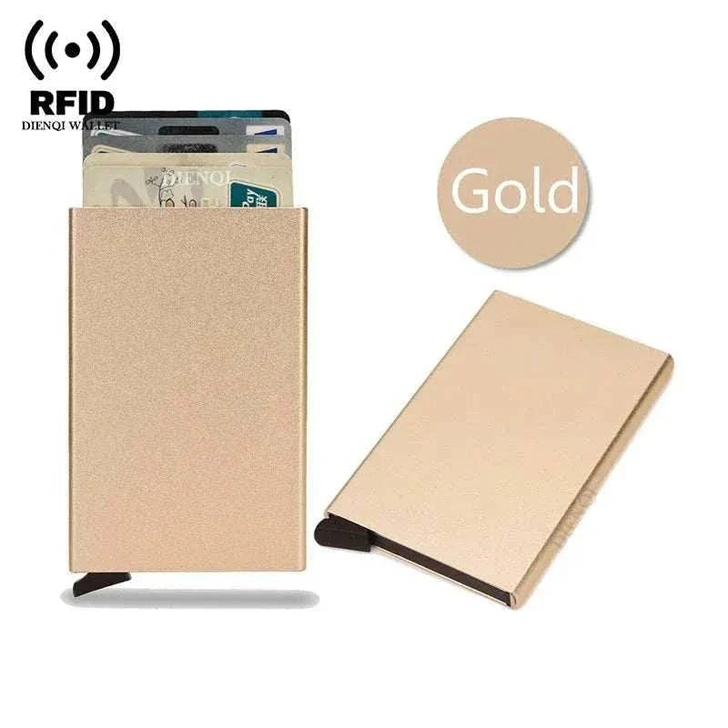 Slim metal RFID credit card holder wallet for men and women with pop-up feature and RFID blocking technology