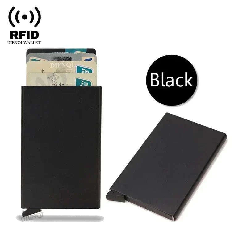 Slim black metal RFID credit card holder wallet with pop-up feature for men and women