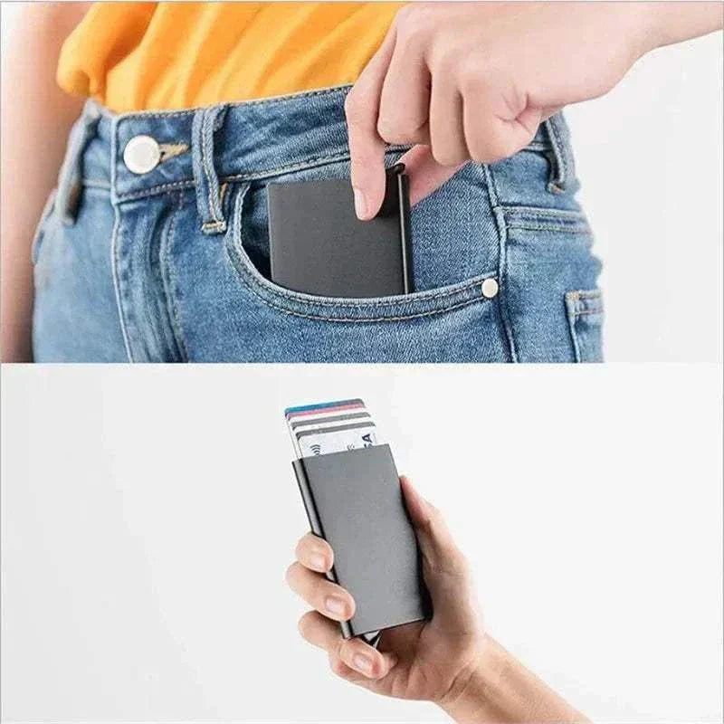 Slim metal RFID credit card holder wallet with pop-up feature, minimalist black design for men and women
