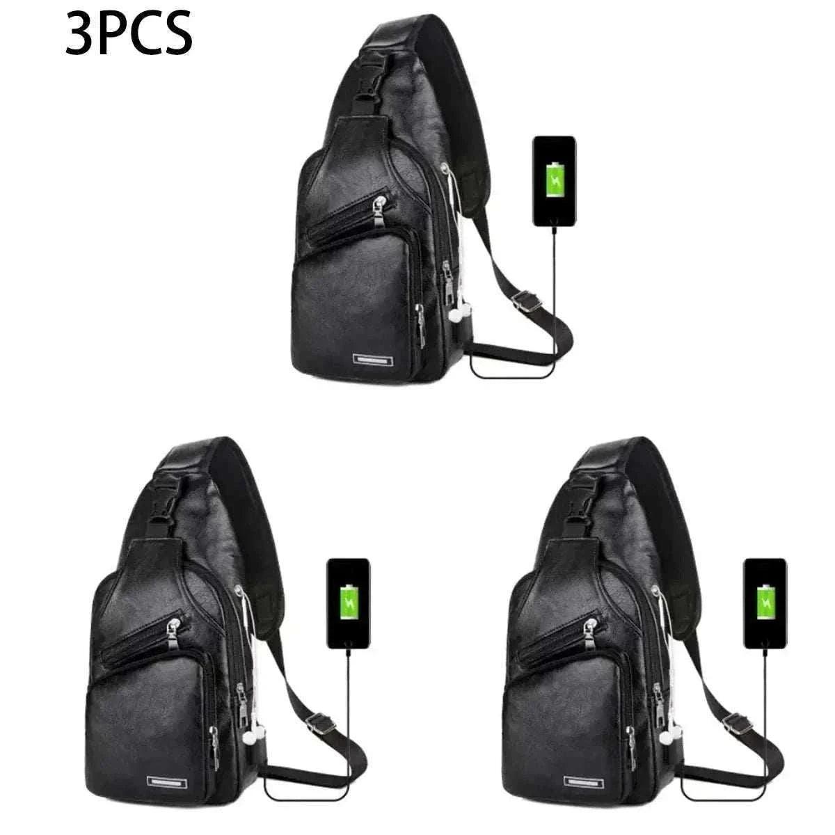 Simple and fashionable casual men's PU chest bag with USB charging and zipper for commuting