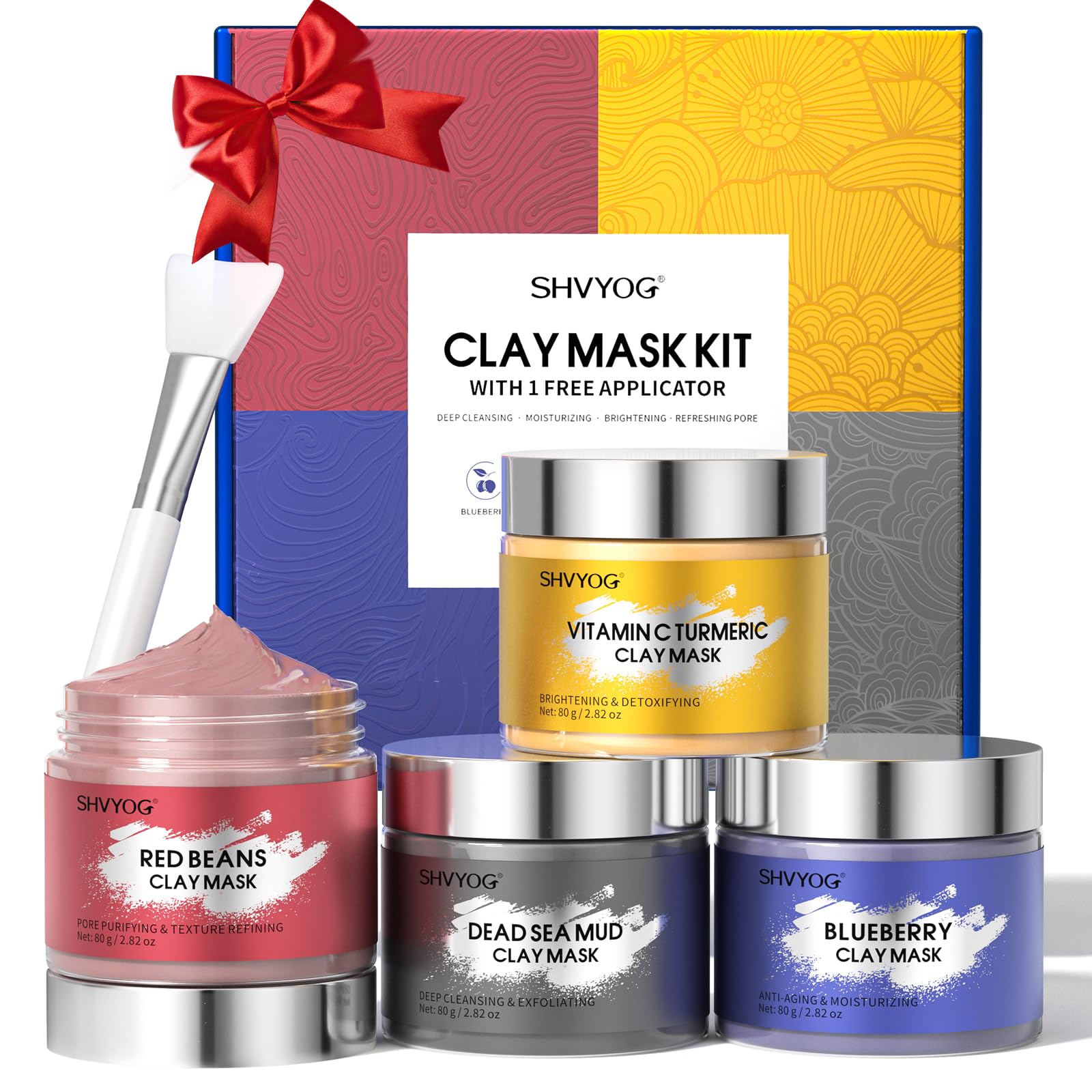 4-in-1 Clay Mask sampler set with Vitamin C, Turmeric, Dead Sea Mud, and Red Beans in compact jars