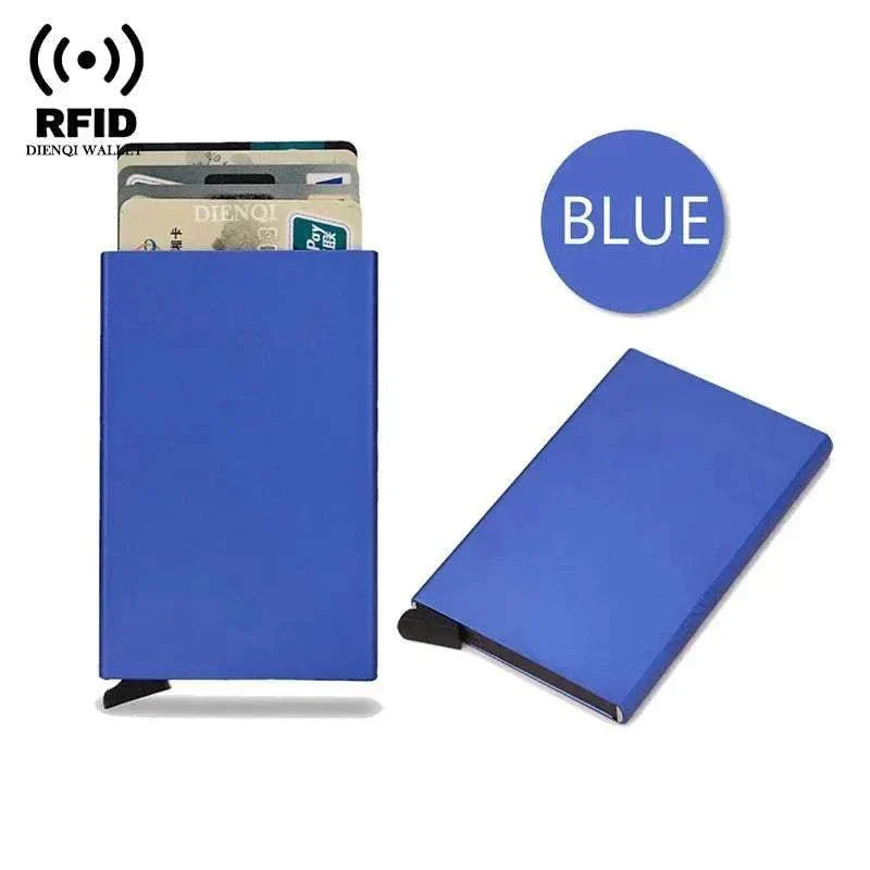 Slim black metal RFID credit card holder wallet with pop-up feature for men and women