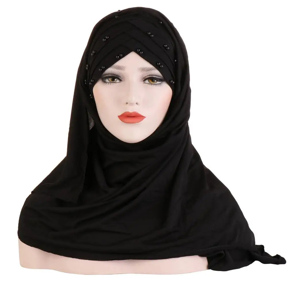 2019 Muslim Cotton Scarf Plain Hijabs With Bead Shawls And Wraps Femme Musulman Hijab Ready To Wear Turban Women Head Scarves