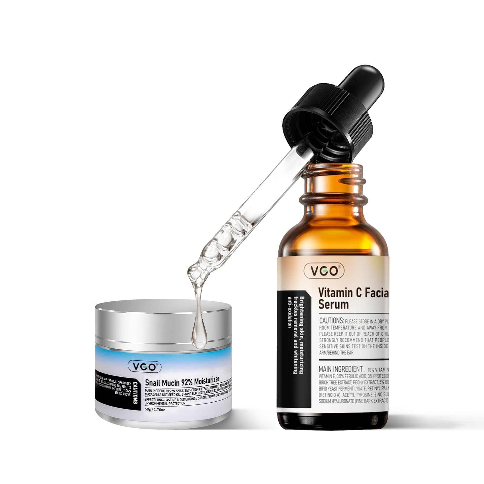 VGO Skin Care Set with snail mucin moisturizer and vitamin C serum for daily hydration and firming